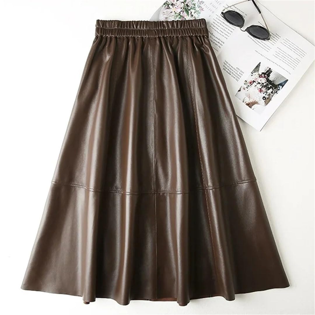 Lederrock für Damen, Harajuku-Stil, A-Linie, Taschen, plissiert, Wade, lang, elastische Taille, kurzer Rock