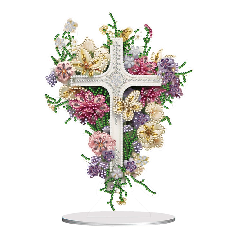 Fiorky Special Shaped Diamond Painting Tabletop Ornaments Kit Colorful Flower Cross 5D DIY Diamond Art Tabletop Decorations Handmade Diamond Painting Desktop Decorations Acrylic for Office