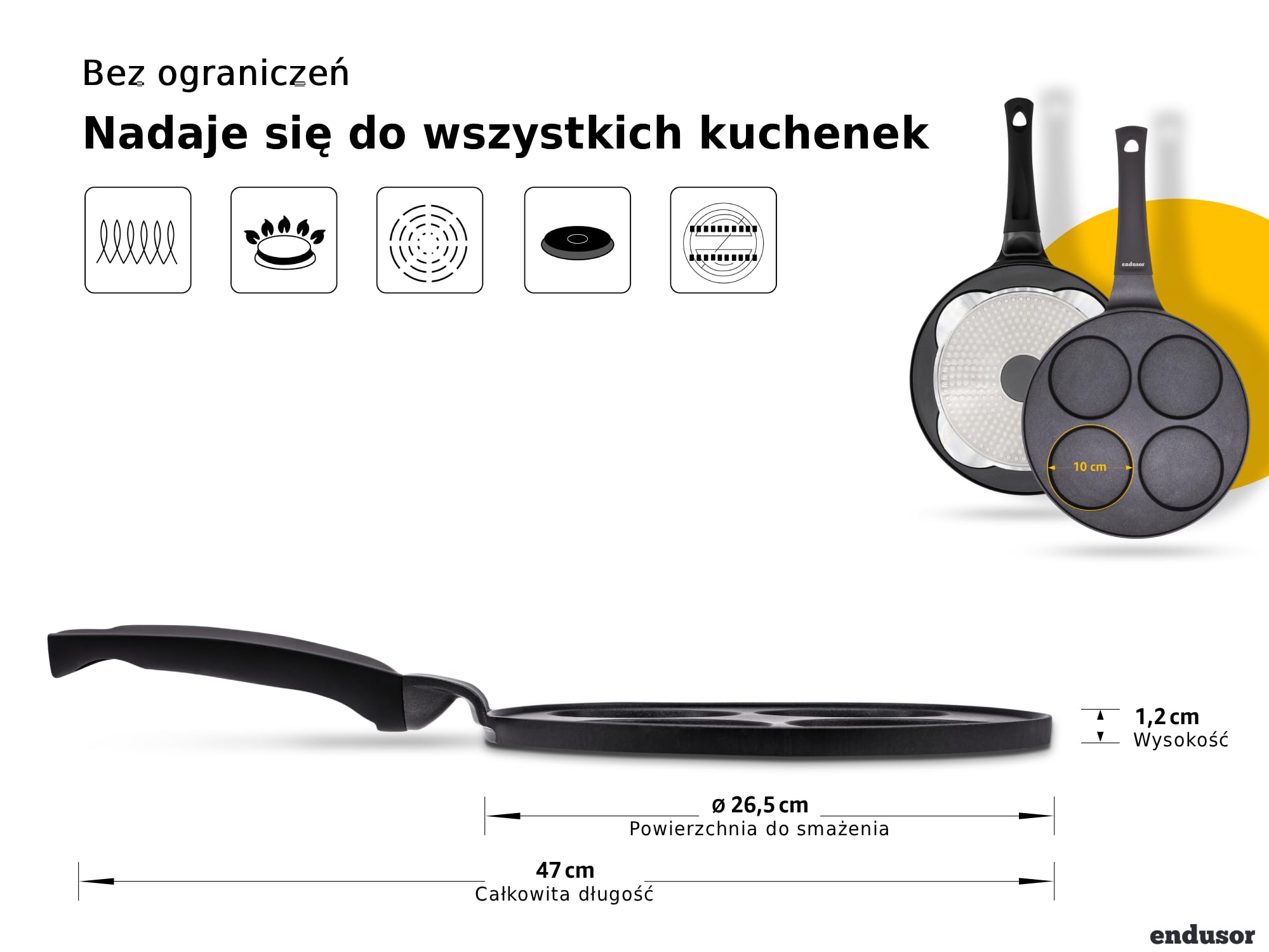 endusor Patelnia do Naleśników na Indukcję (Ø26cm) 4 foremki | Powłoka PowerShield, Gaz Ceramika Elektryczność, do jajek naleśników Poffertjes Blinis
