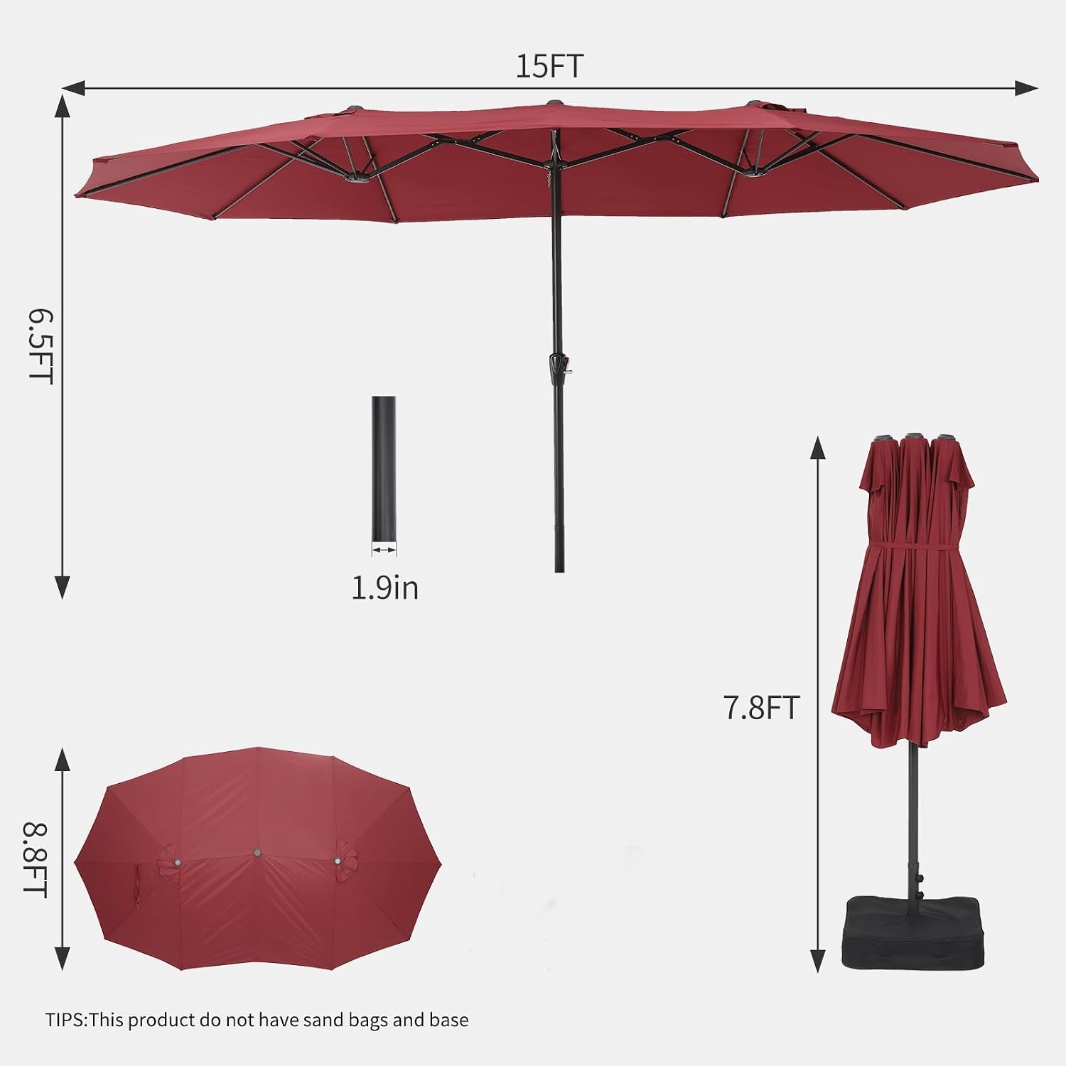 15-FT Outdoor Large Patio Umbrella with Push Button Tilt & Crank - Heavy-Duty Market Umbrella for Table, Garden, Pool, Deck, 12 Sturdy Ribs,UV Protection & Waterproof Fabric,Claret