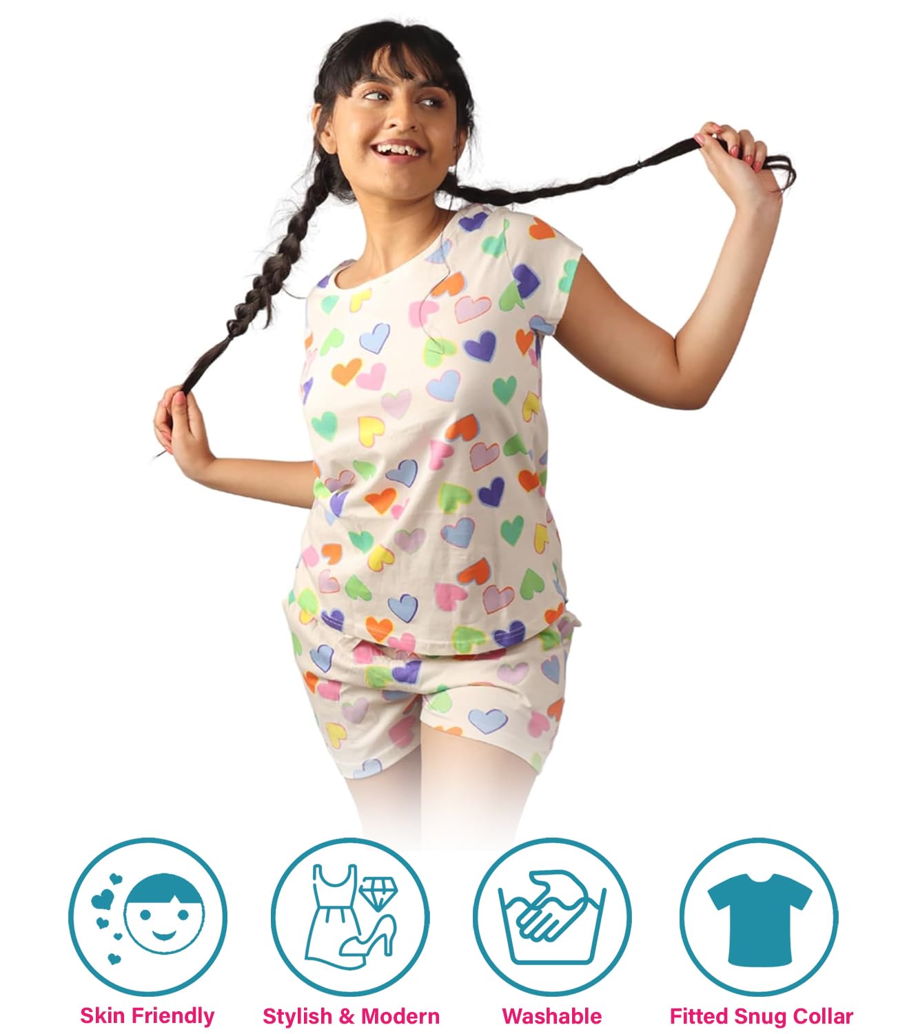 Hestia |Co-Ord Cotton Night Suit for Women| Co-Ord Night Wear Dress Set with Shorts and Top & T-Shirt |Breathable Fabric | Shrink Free Night Dress Material | Multicolor Heart | Off White | XL | Set 1 - Image 5 thumbnail