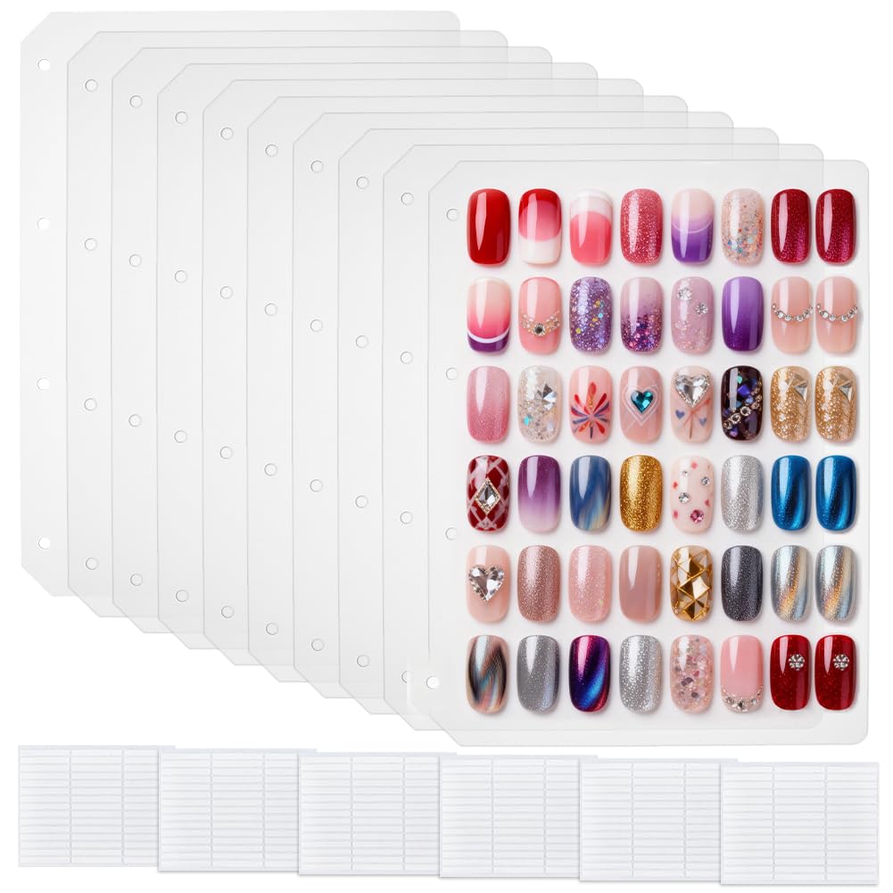 FINGERINSPIRE 10Sheets Nail Organizer Insert Pages with 6Sheets Double Sided Tapes A4 Size PP Plastic Binder Insert Sheet for Press On Nails Book Refill Translucent Nails Display Pages