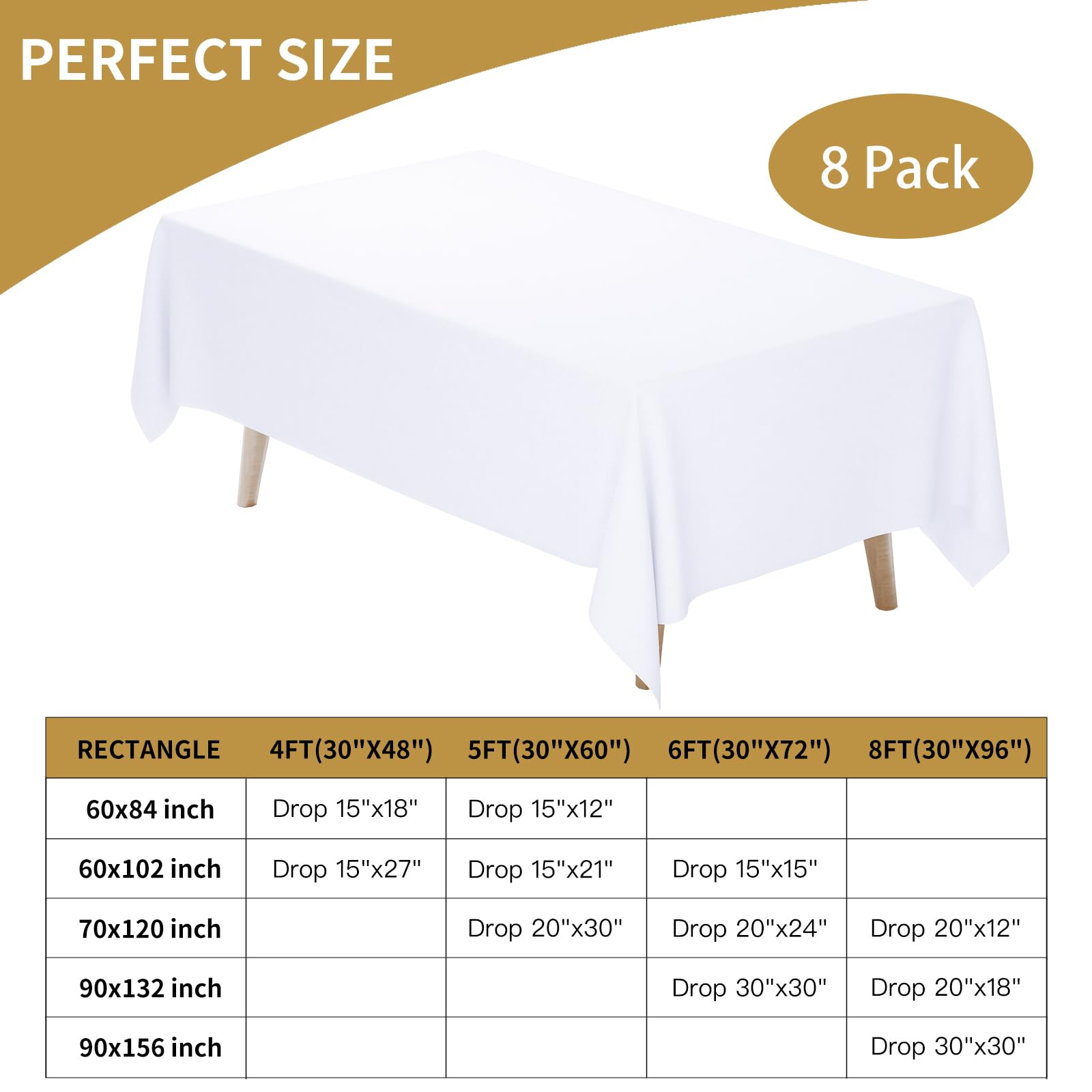 Fixwal Paquete de 8 manteles rectangulares de tela de poliéster de 60 x 102 pulgadas, resistentes a las arrugas, lavables, para fiestas, bodas, banquetes, comedores, color blanco