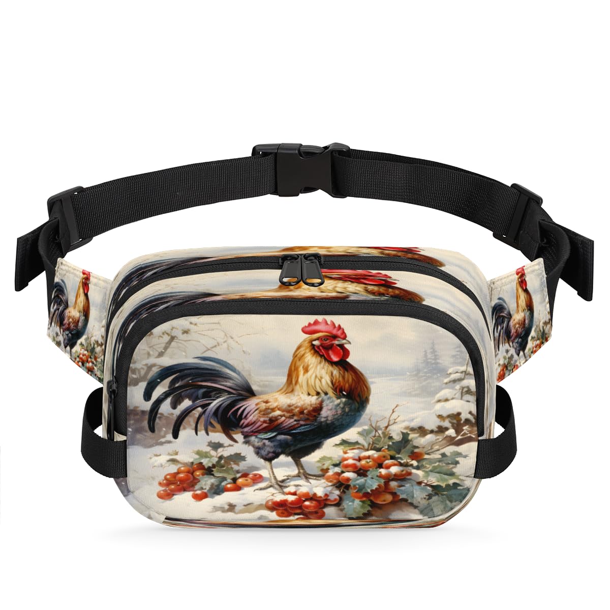 Rooster Berry Snow Waterproof Fanny Pack for Women Men Adjustable Waist Bag with Double Zipper Pockets Lightweight Square Hip Pack for Running Travel Hiking Workout Cycling
