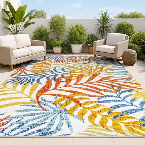 JONATHAN Y Tropics Palm Leaves Indoor Outdoor Area Rug 5X8 Cream/Orange, Boho for Backyard, Patio, Porch, Easy-Cleaning, High Traffic, Pet-Friendly, Non-Shedding (AMC100B-5)