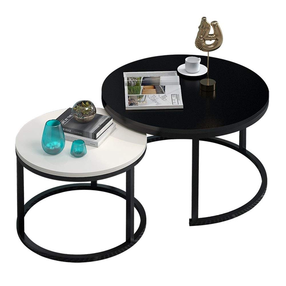 Set van 2 salontafels, ronde bijzettafel voor kleine ruimtes, geneste tafels, MDF-hout en metalen frame, wit/zwart