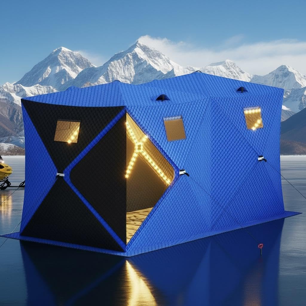 Pop Up Ice Fishing Tent Insulated Ice Fishing Shelter with 49Ft LED Light Strip,3-Layer Insulated Shelter for 3-8 Person, Portable Waterproof Oxford Ice Shanty with 2 Doors/Anchors/Ropes/Carrying Bag