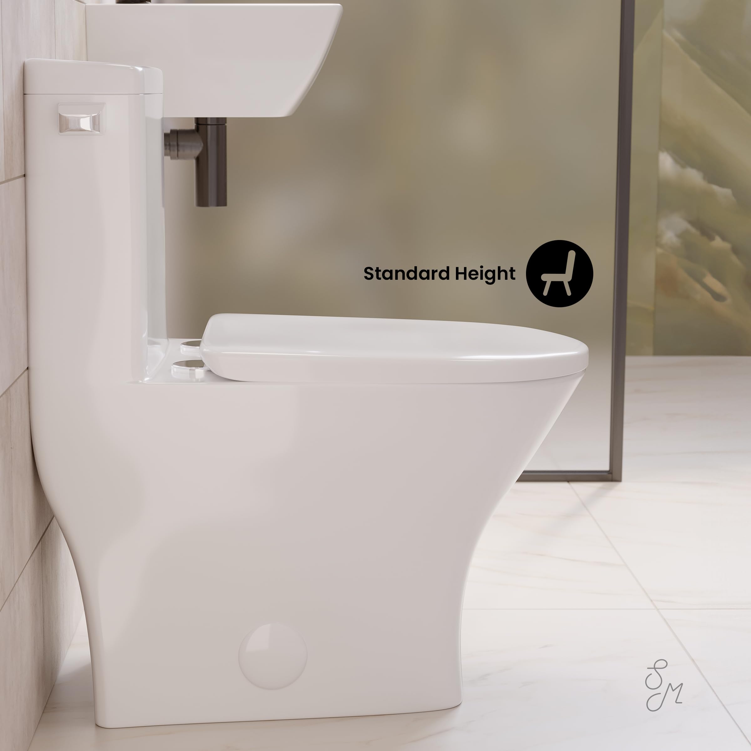 Condition photo showing New/Like New for sublime ii one-piece 12" rough-in 1.28 gpf left flush round compact toilet in glossy white