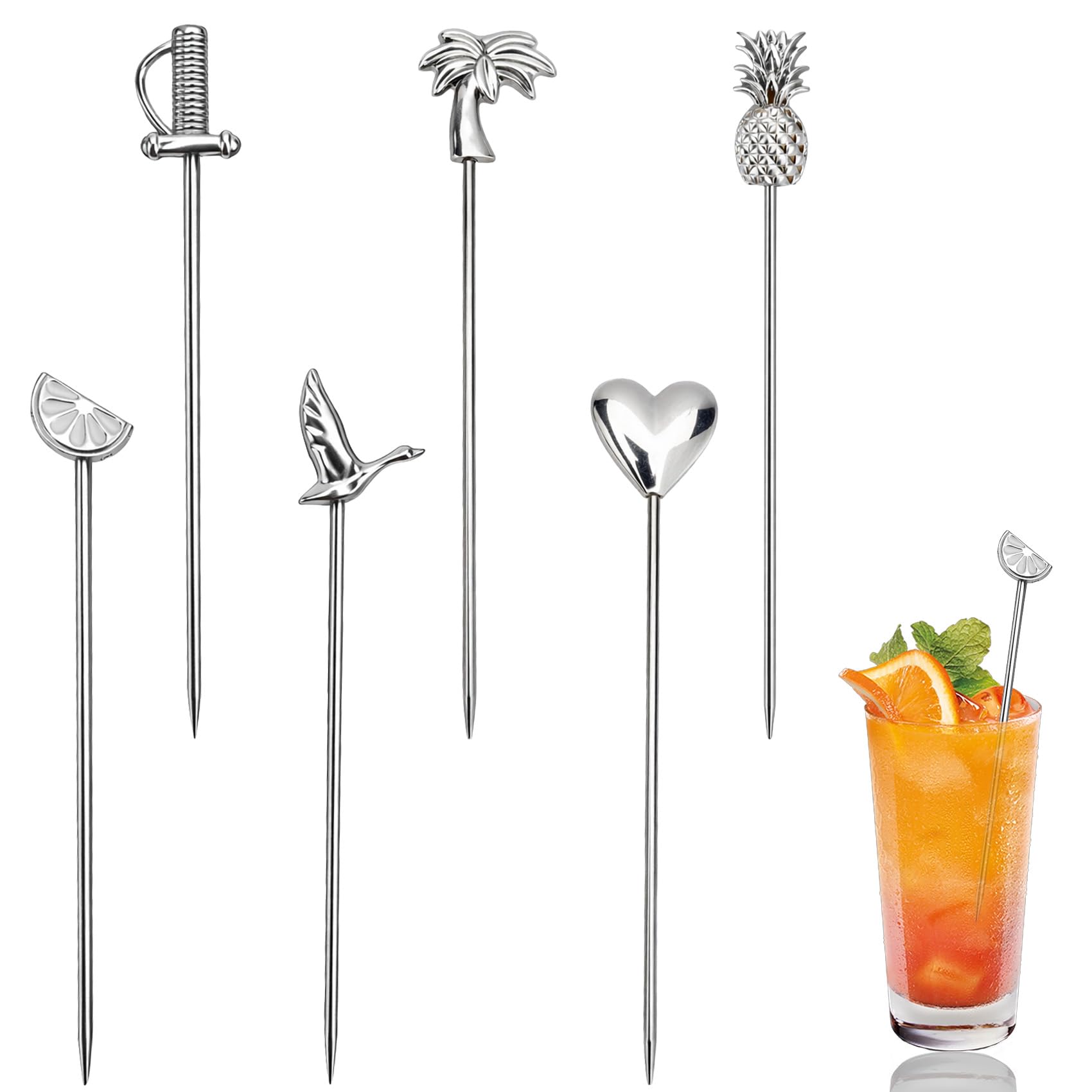Palillos De Cóctel Acero Inoxidable,Palillos para Aperitivos,6Piezas Verano1,Decoración para Cócteles,Brochetas De Reutilizables para Sándwiche Aceituna Pastel Postre Eventos De Fiesta