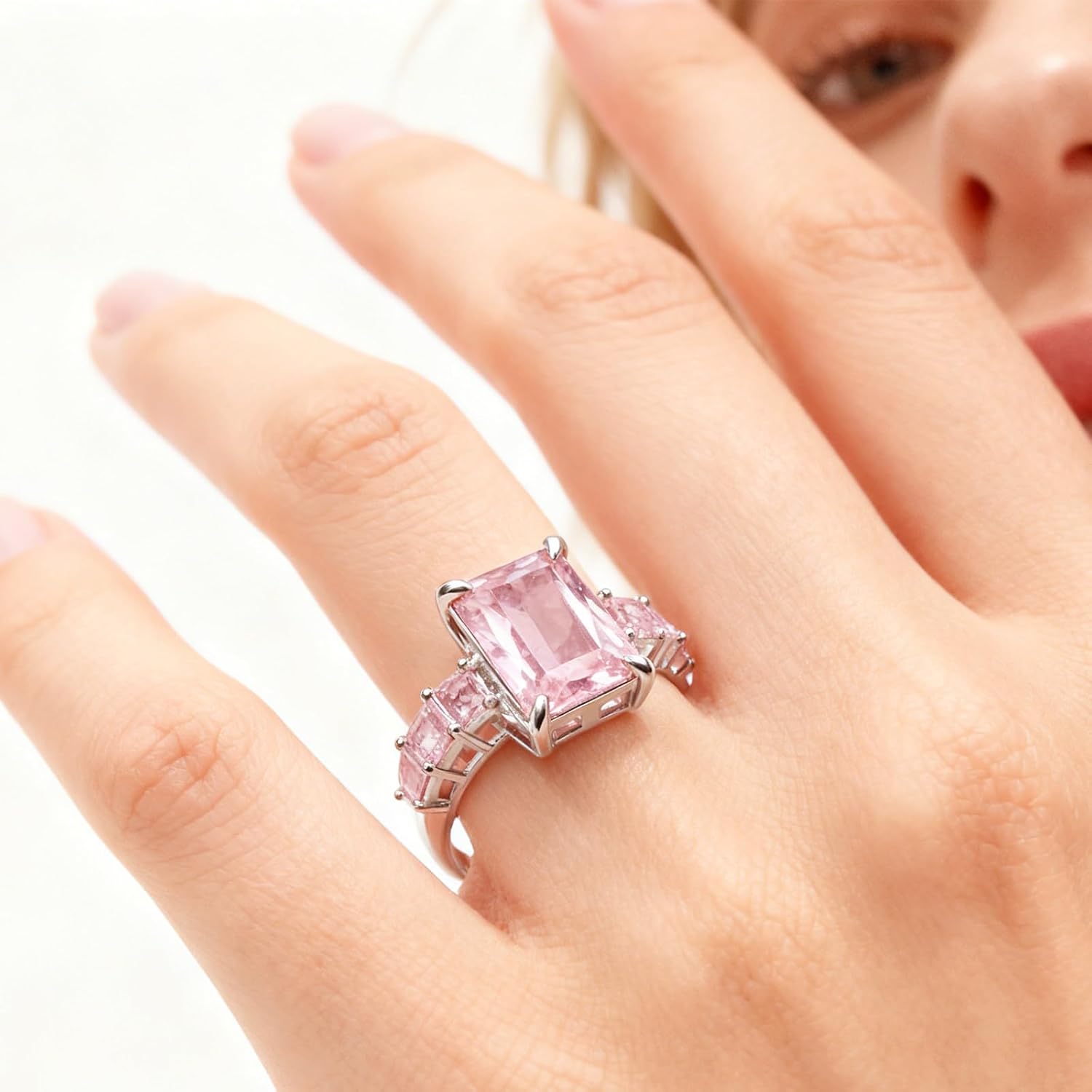 Pink Cubic Zirconia Gold/Silver Plated Ring for Women 925 Sterling Silver,Pink Classic Simple Engagement Band Rings Jewelry Gifts for Her,Radiant Cut Stone Dainty Promise Ring for Wedding Daily Size:6-10