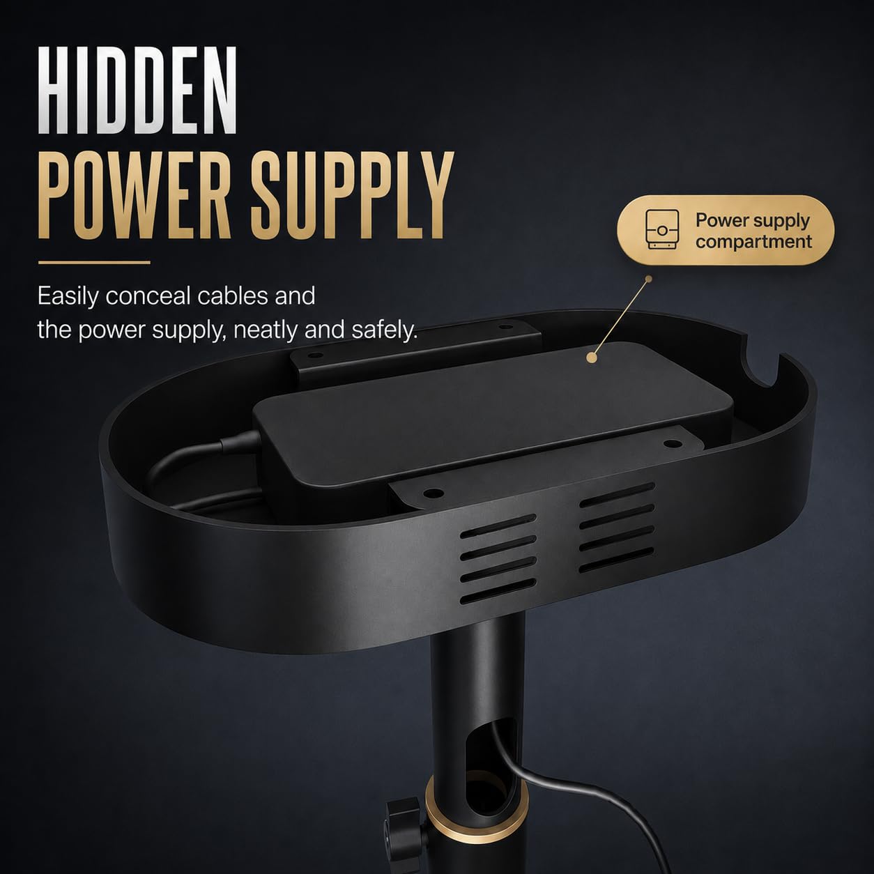 Support de plafond pour projecteur - Compartiment d'alimentation intégré, charge 10 kg, longueur réglable 18-48 cm, articulation semi-sphérique 360°, câble caché