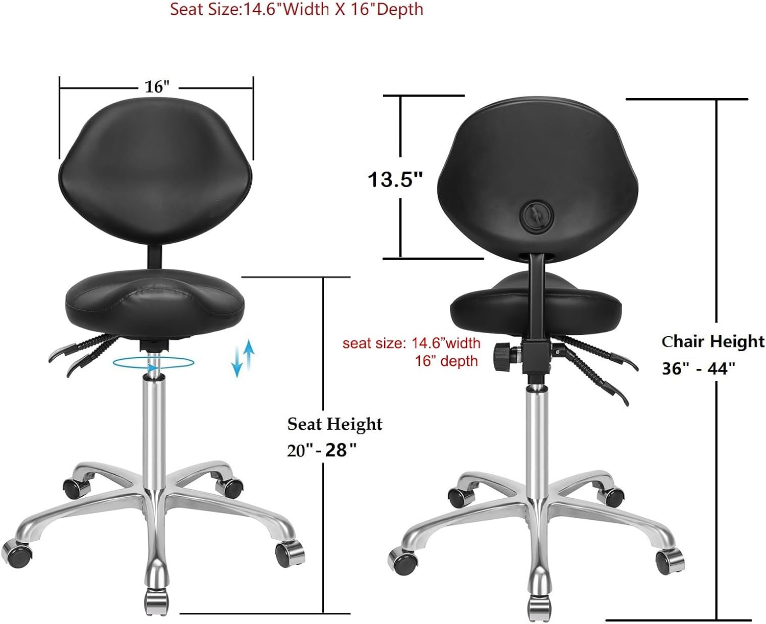 Kaleurrier Ergonomic Rolling Swivel Saddle Stool with Wheels - Hydraulic Lifting Height Adjustable Saddle Chairs for Clinic Hair Salon Lab Office Drafting Chairs (Black, with Back)