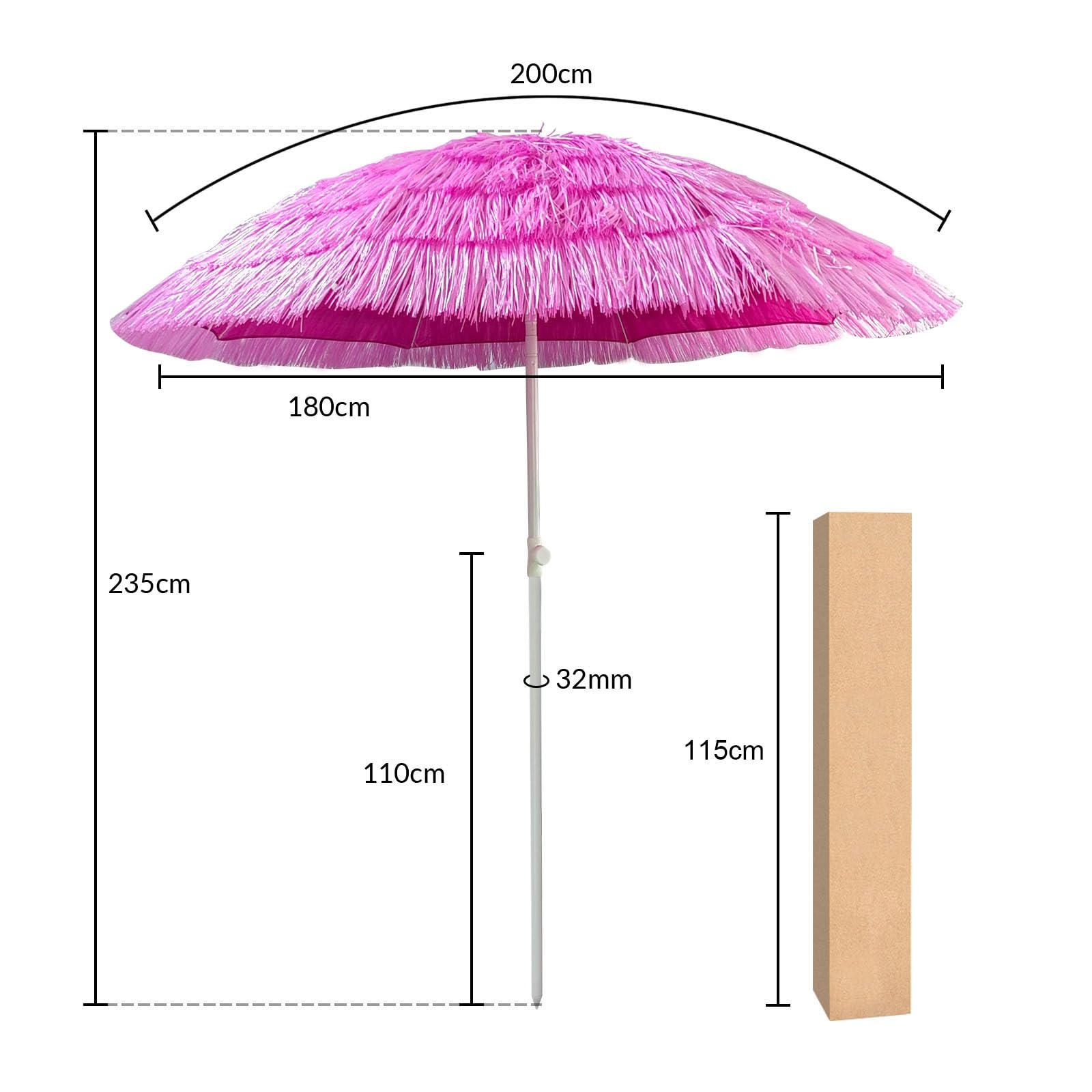 Parasol pour Balcon 200cm -UPF 50+ Parasol Plage Anti Vent avec Fonction D'inclinaison Parasol Exotique Paille pour Le Plaisir en Plein Air, Réglable en Hauteur