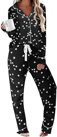 Ekouaer Women's Pajamas Long Sleeve Sleepwear Casual Button Down Loungewear Soft Pjs Set S-XXL