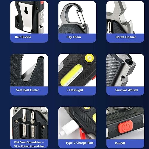 Miniatura 6 de Linterna multifuncional 7 en 1 Cob Llavero Luz de trabajo brillante recargable portátil Led Sos luz con abridor de botellas Cinturón de seguridad