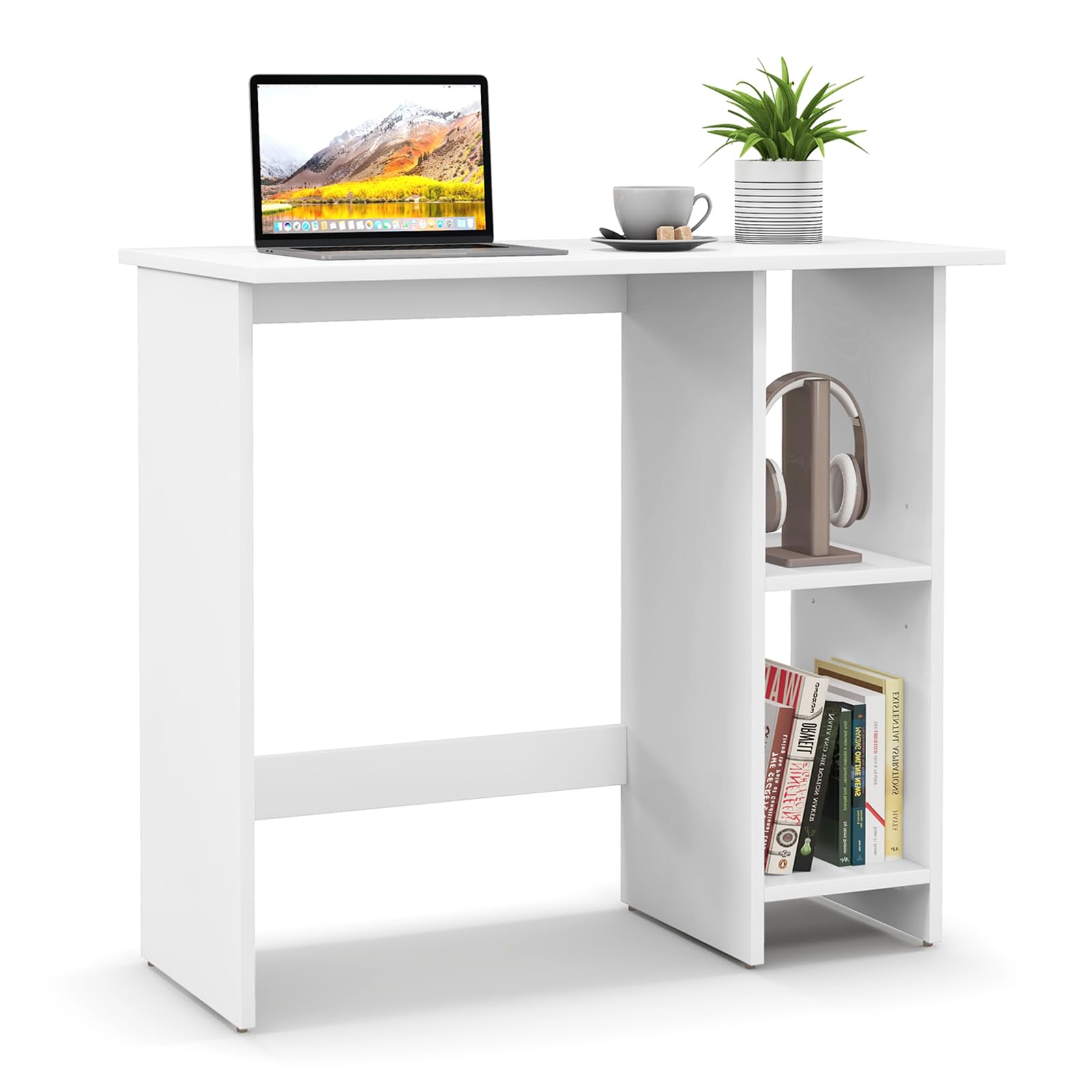 Tangkula White Desk with Storage Shelves, Modern Small Writing Desk with Adjustable Shelf, Space Saving Laptop PC Desk with Anti-Toppling Kit, Wooden