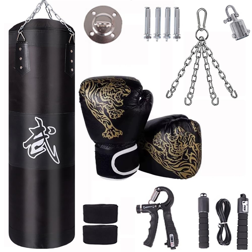 Sac De Frappe,Sac De Frappe Adulte,Sac De Boxe,15PCS Suspension Boxe Punching Bag 100cm avec Gants, Bandages, chaîne rembourrée, Rotation à 360° Non REMPLIR, pour Le Muay Thai et Les Combats (Noir)