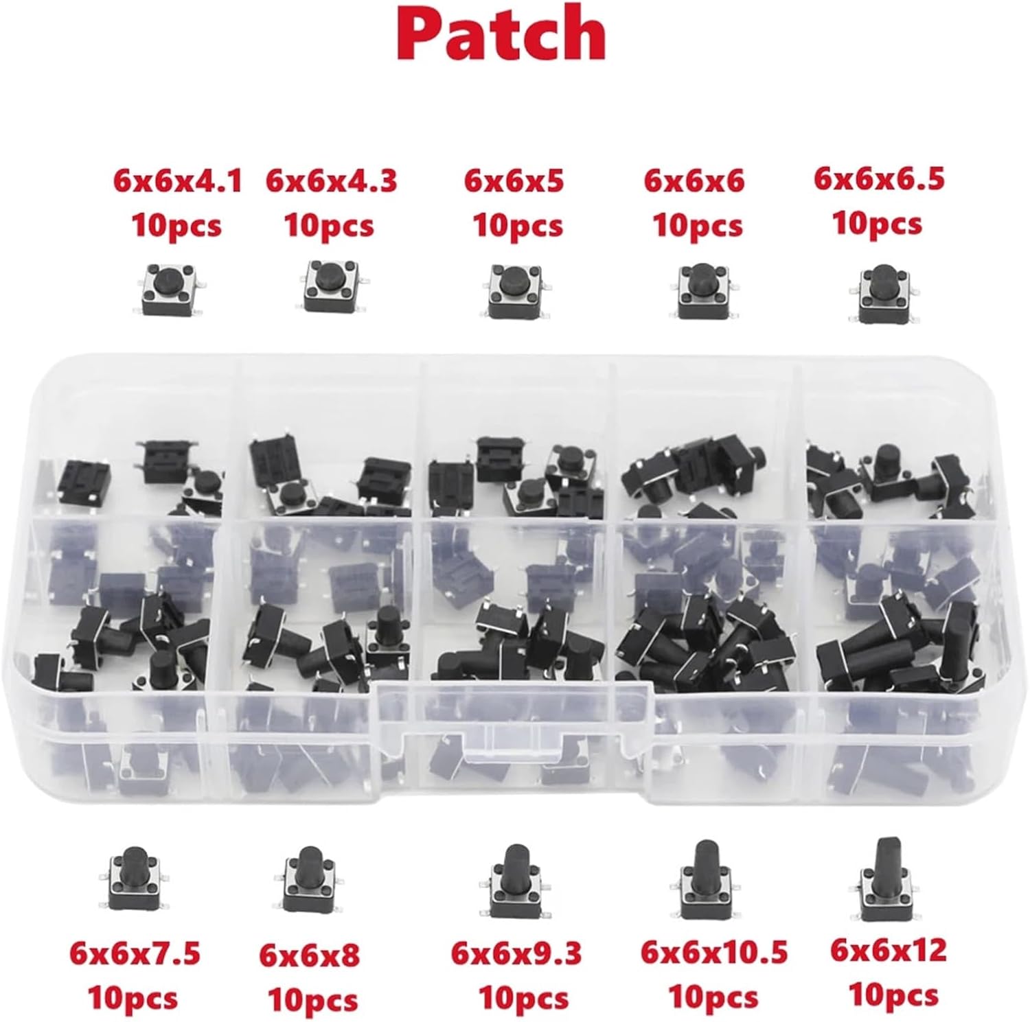 100 PCS 10 Models 6 * 6 Tact Switch Tactile Push Button Switch Kit Height: 4.1 5~12MM DIP 4P Switch 6x6 Key Switch(Patch)
