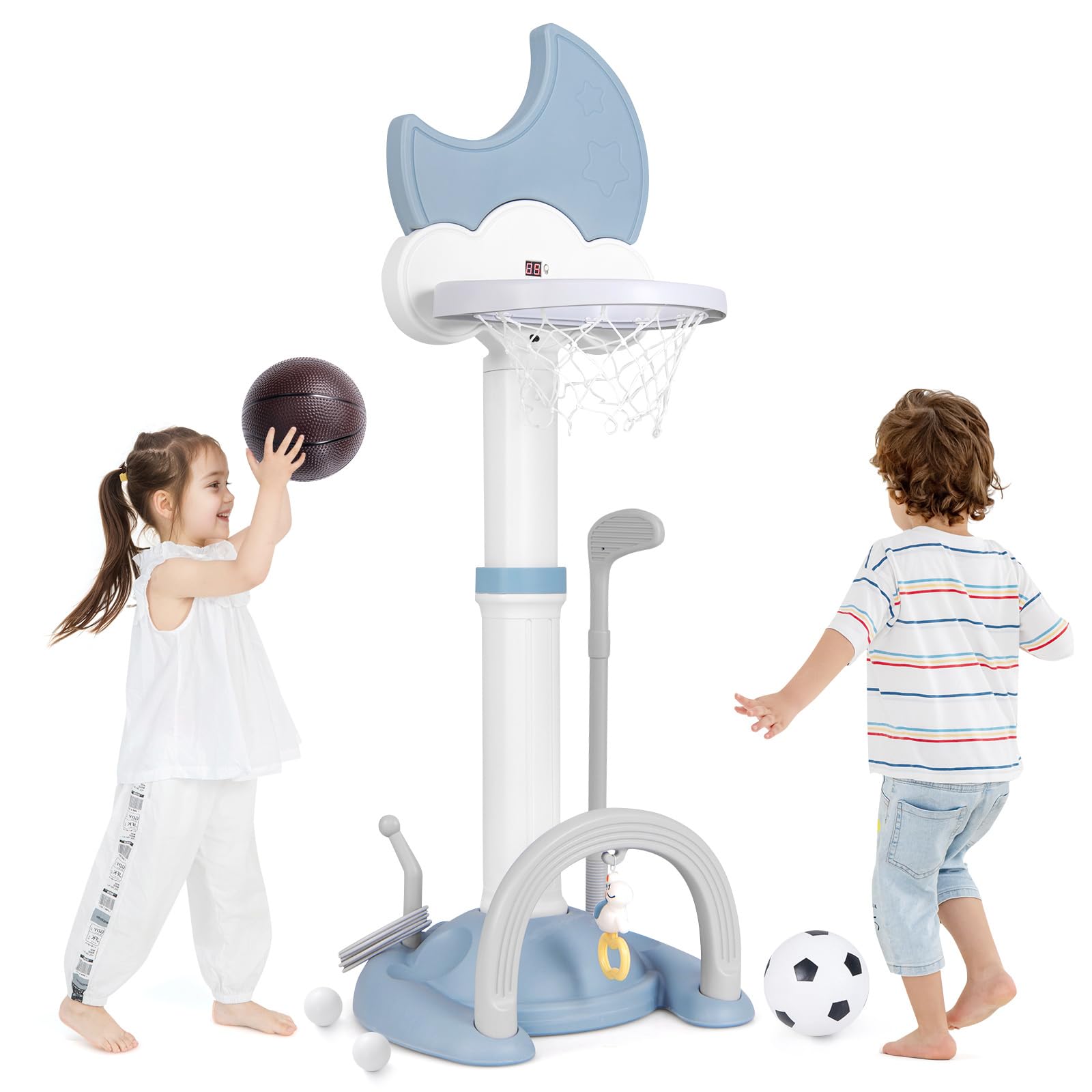 RELAX4LIFE 4 in 1 Canestro Basket per Bambini, con Basket, Calcio, Golf e Gioco del Lancio degli Anelli, Tabellone Elettronico ed Effetti Sonori, Regolabile in Altezza, 3+ Anni (BLU)