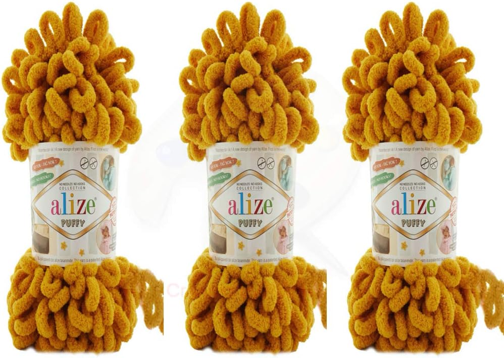 Alize Puffy Baby Blanket Lot of 3 - 300gr, 30yds, 100% Micropolyester Soft Yarn, Super Chunky Bulky Worested Yarn (2 - Mustard)