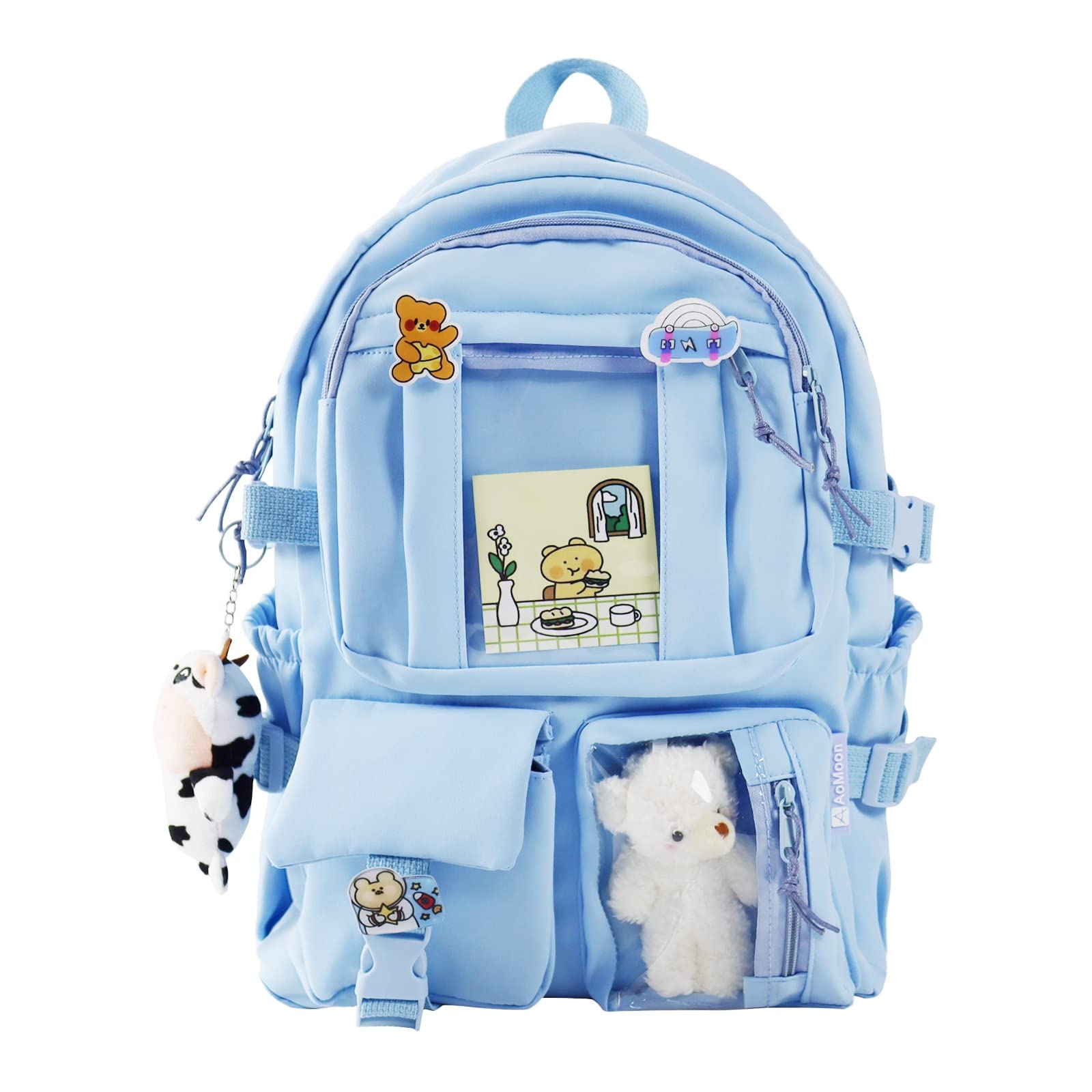AoMoon Kawaii Backpack Lovely Pastel Rucksack for Teen Girls Aesthetic Student Bookbags with Kawaii Pin and Cute Accessories (Light Blue-C)