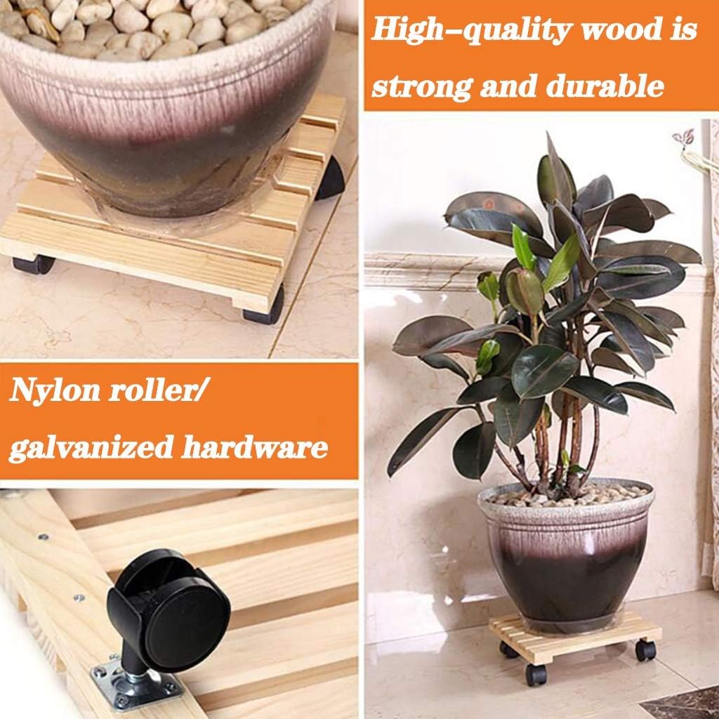 Plant Trolley Plant Pot Trolley,Square Natural Wwood Plant Pot Caddy,Mobile Vintage Garden Plant Pot Mover with Wheels,Indoor Planter Trolley Casters Rolling Coaster On Wheels,Movable Flower