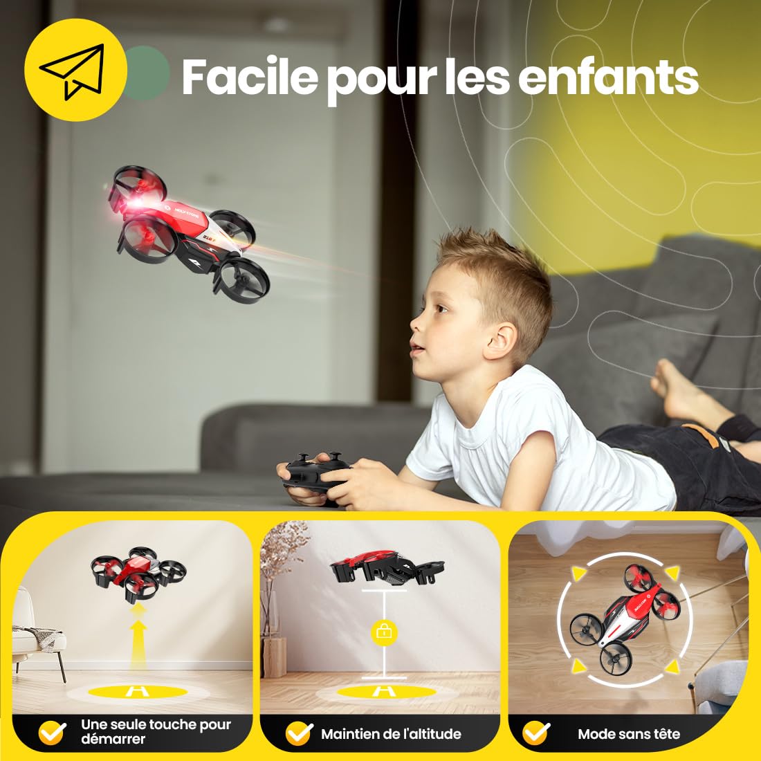 Holy Stone HS210F Mini Drone pour Enfants, RC Quadcopter 2-en-1 d'intérieur avec Lumières LED, Décollage/Atterrissage, 3D Flip, 2 Batteries Modulaires Sécurisées, Cadeau pour Garçons et Filles