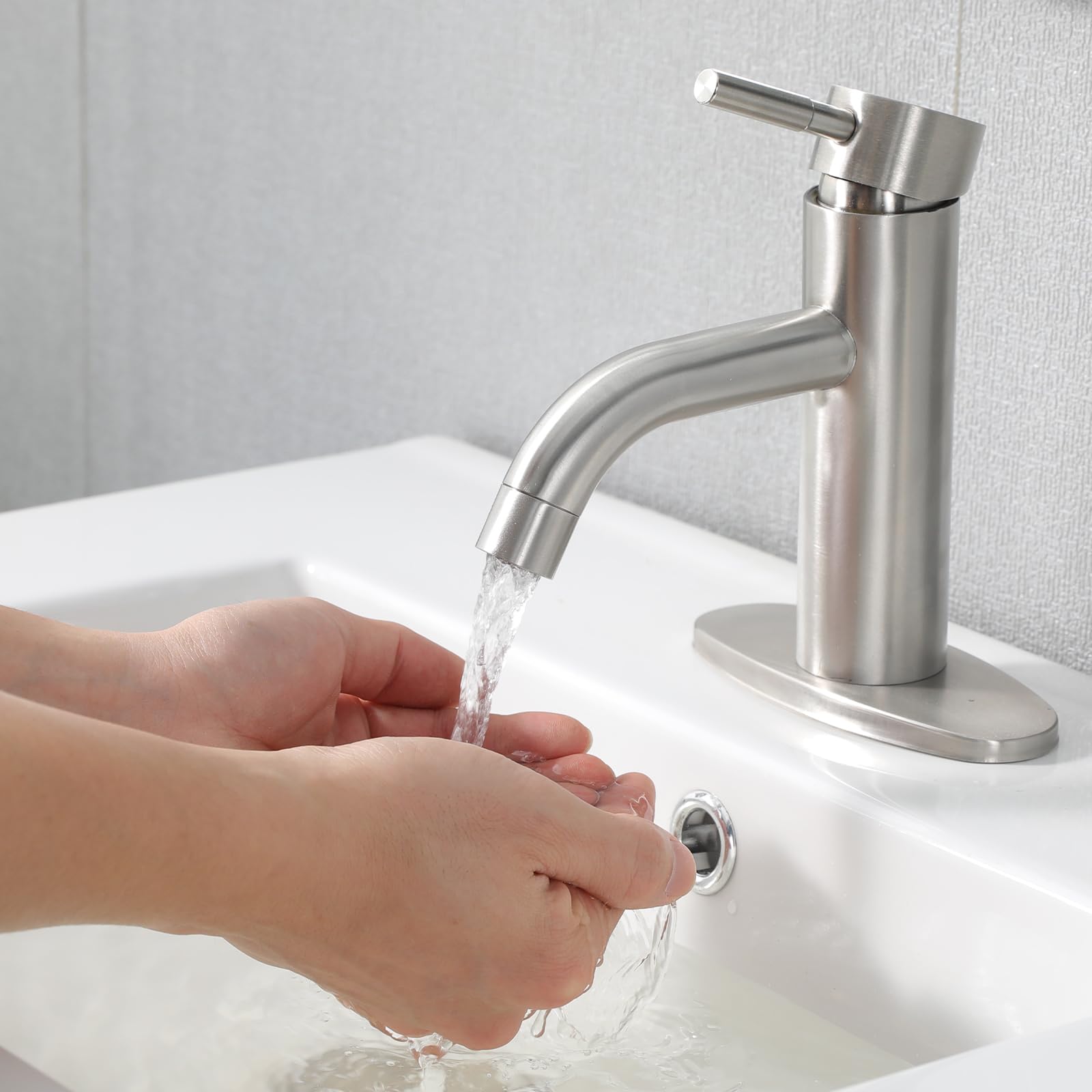 HOTIS - Grifo de baño de níquel cepillado, grifo de fregadero de un solo agujero con drenaje emergente, adecuado para instalación de 1 o 3 agujeros, para fregadero de baño, RV y tocador