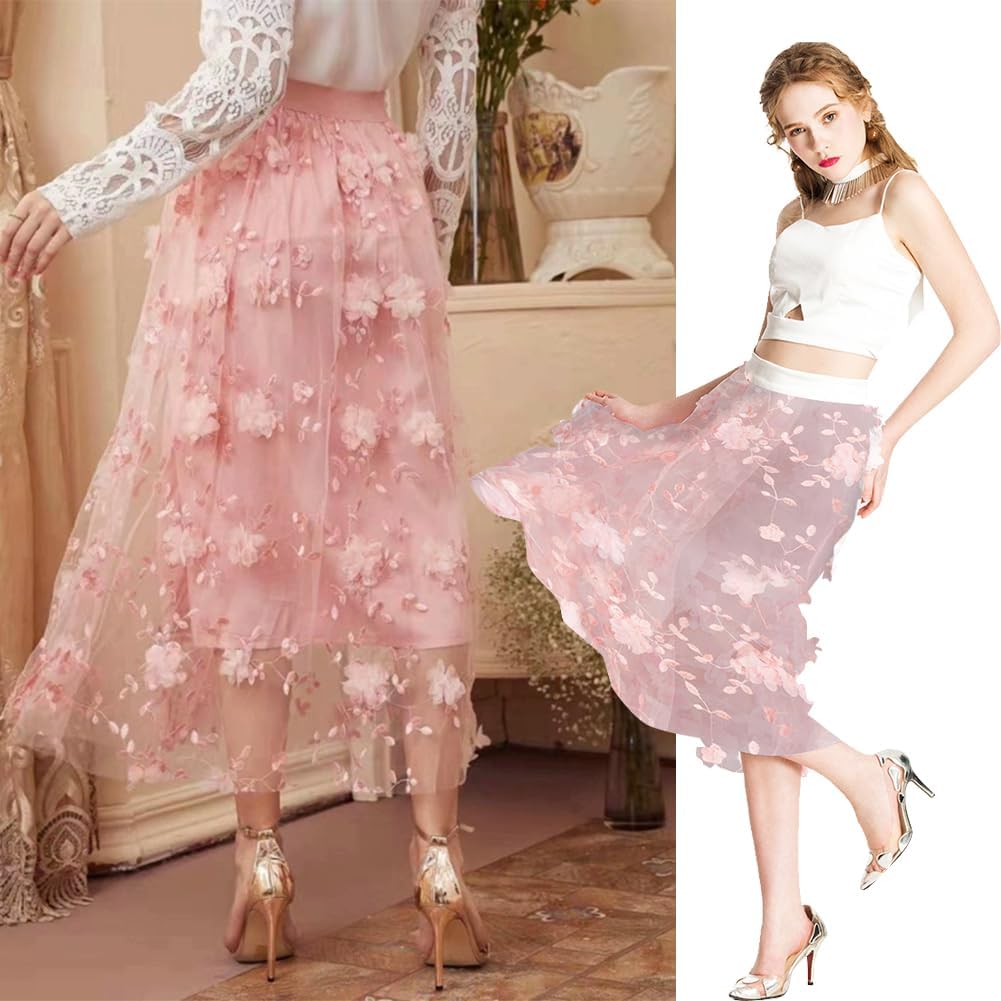 NBEADS 1.7 Yards Embroidered Flower Fabric, 56inch 3D Floral Mesh Embroidery Fabric Soft Mesh Lace for Sewing DIY Custom Clothes Party Dress Home Decoration, Pink