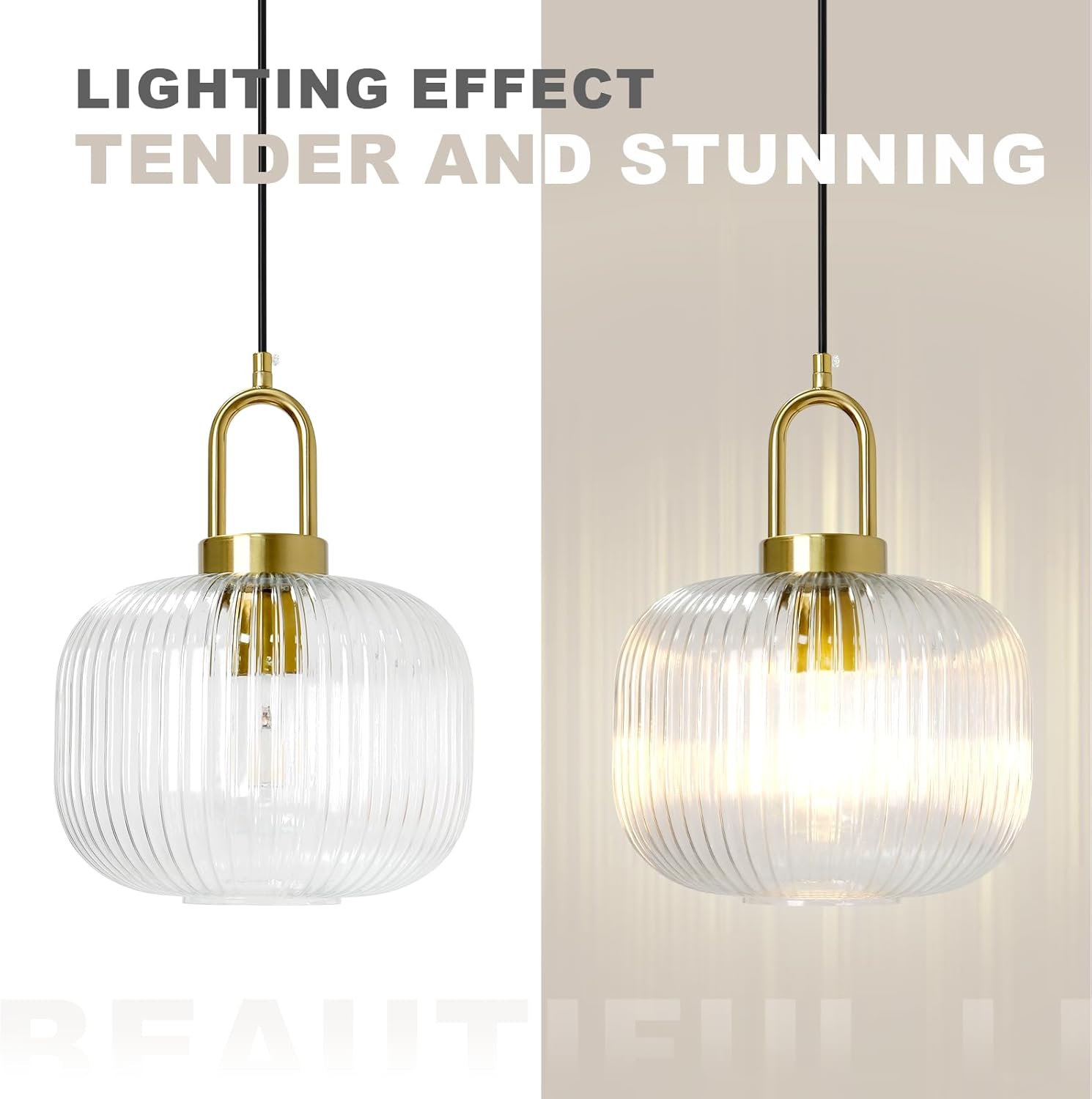 Modern Plug in Pendant Light, Large Glass Globe Hanging Pendant Lamp with 14.75Ft Cord, Mid Century Gold Hanging Chandelier for Dining Room Kitchen Island Bedroom Living Room