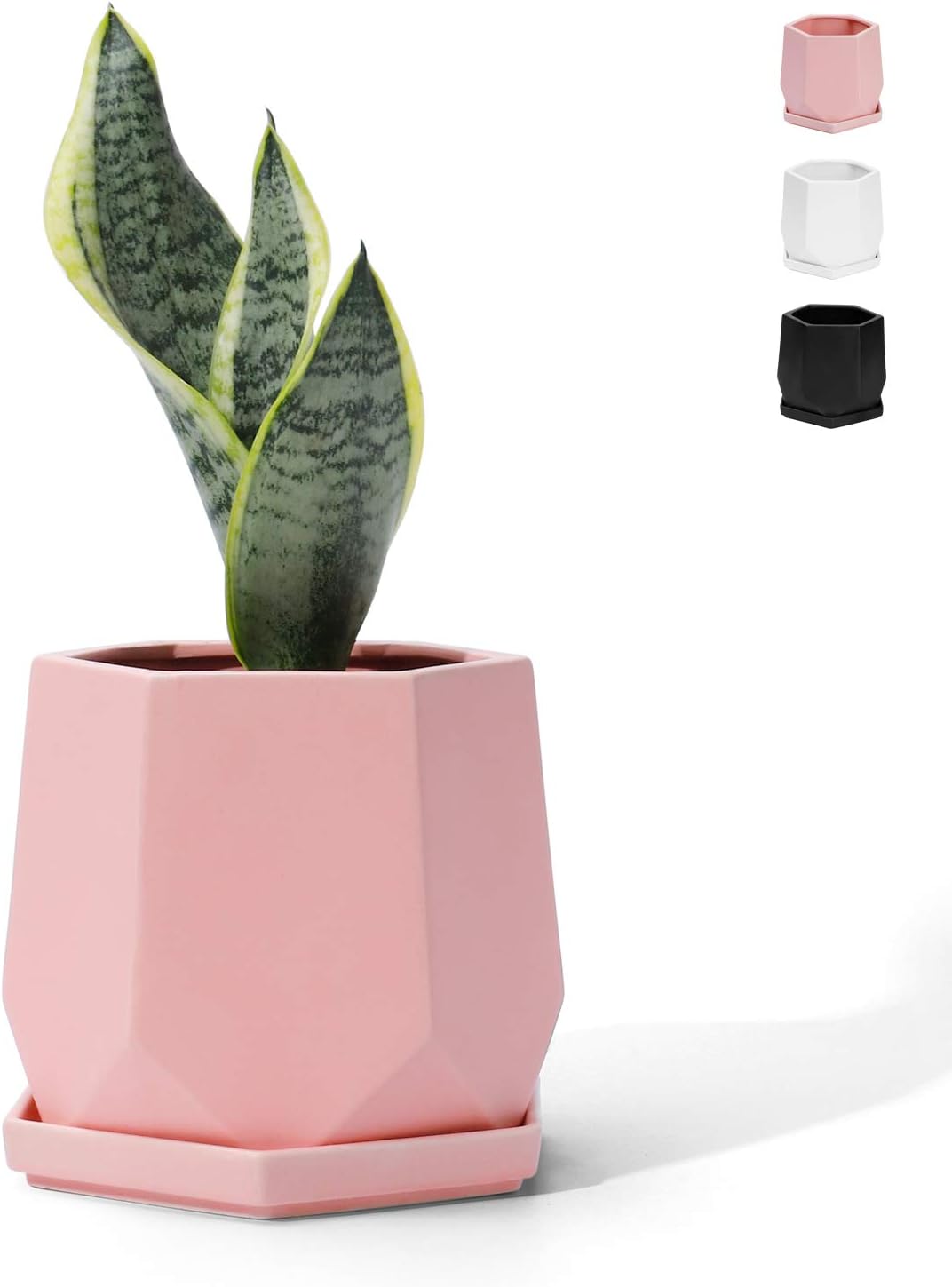 POTEY Pink Planter Pots for Plants Indoor - 4.9 Inch Modern Home Decor Hexagon-Shaped Geometric Ceramic Flowerpot with Drainage Hole & Saucer 051003, Plant NOT Included