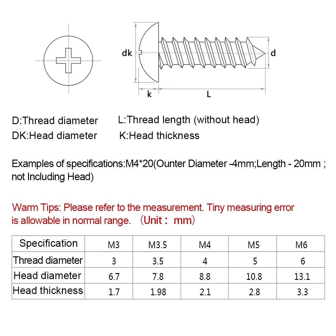 BOZONLI M6 Mushroom Head Self Tapping Screws Wood Screws Pan Head Phillips Drive Screws, M6×40mm,20 pcs - Image 3