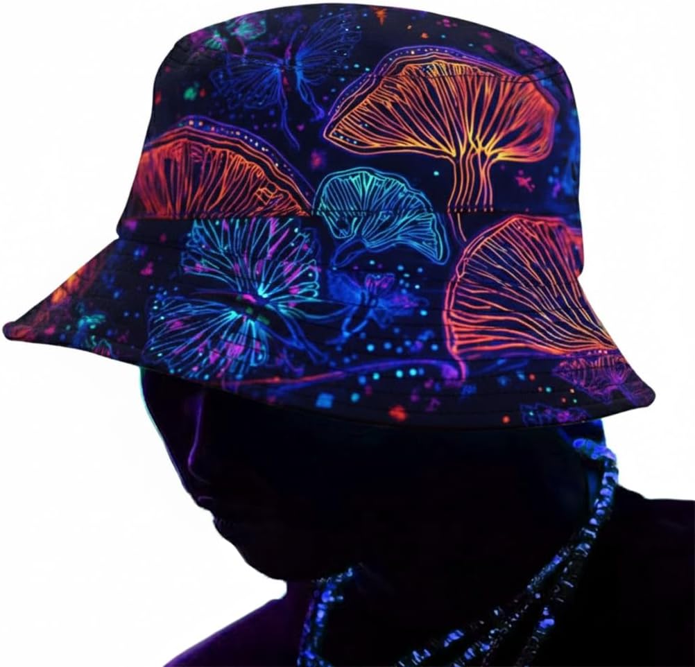UV Blacklight Reactive Neon Bucket Hat – Fluorescent Fisherman Cap for Parties, Festivals & Night Events