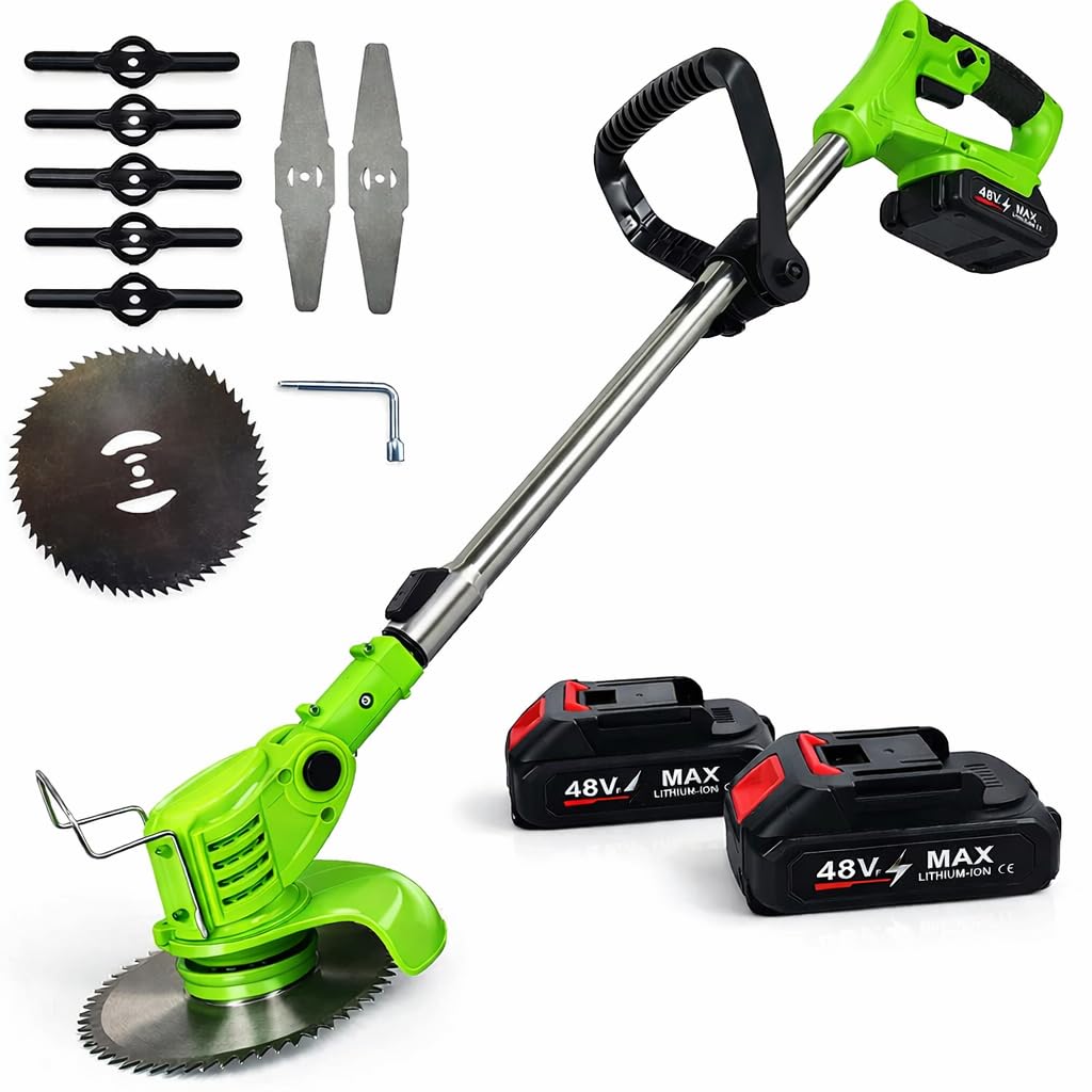 Decespugliatore Elettrico a Batteria, 2 Batterie 48V Max, Garanzia Post Vendita Tagliabordi Leggero e Potente per Giardino, Lama Regolabile, Silenzioso, Facile da Usare