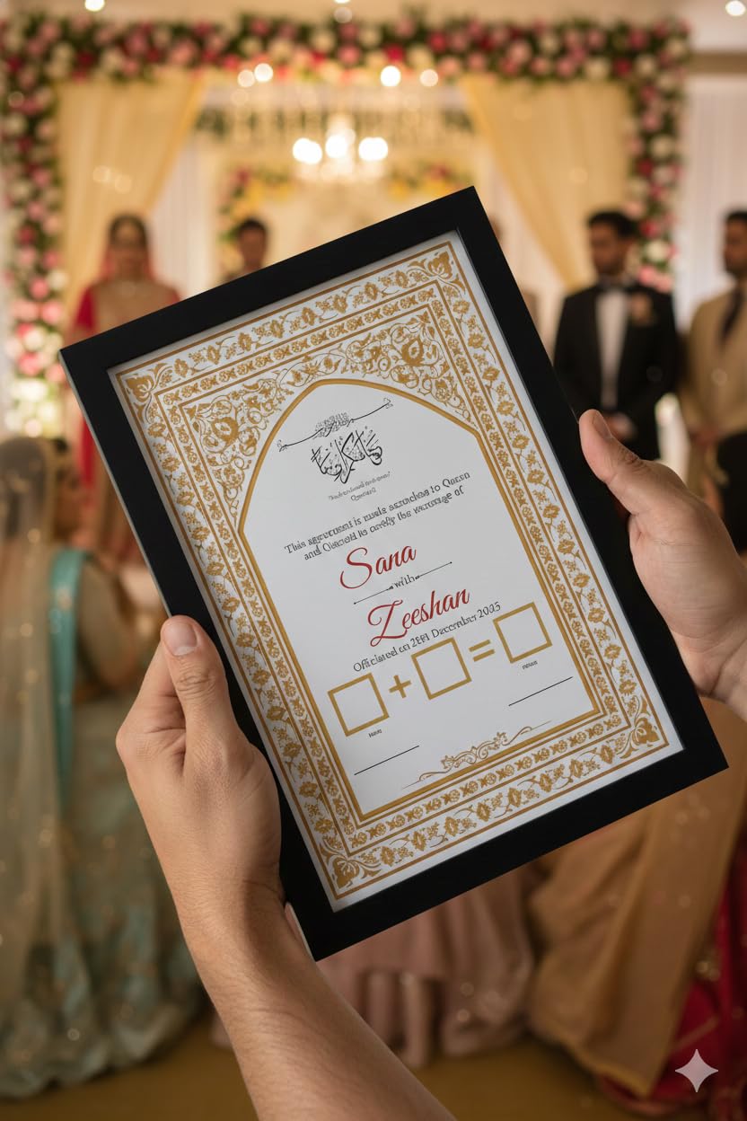 Personalised Nikkah Certificate Frame | Custom Islamic Marriage Agreement Print | Custom Bride & Groom Name & Date | A3/A4 Size | Glossy & Matt Finish | Wedding Gift | Islamic Wall Decor (Frame 101A)-image-14