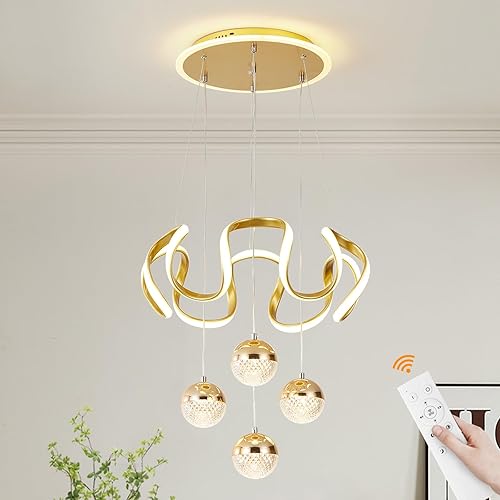 Miniatura 11 de Candelabros LED dorados modernos, lámpara colgante LED para comedor, lámparas regulables con control remoto, candelabros modernos ajustables para