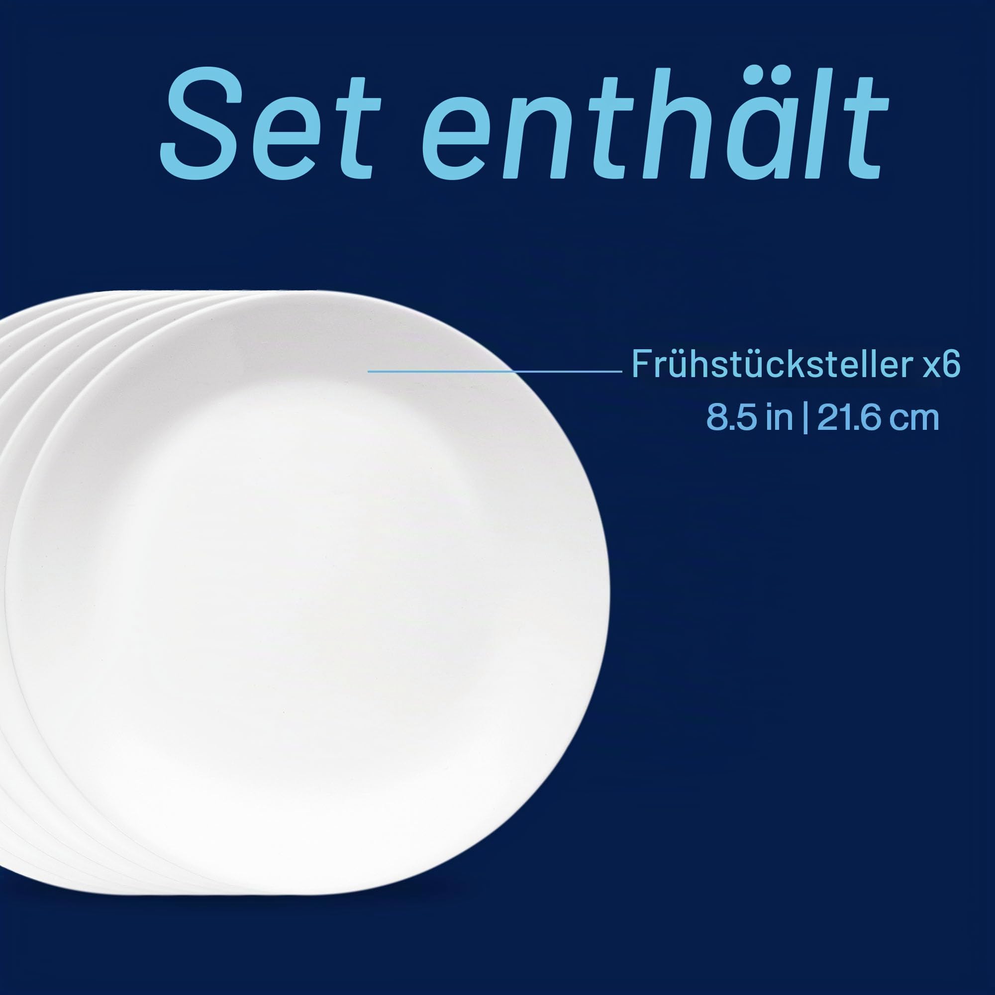 Corelle Vitrelle 6-teiliges Salatteller-Set, dreilagiges Glas und splitterfest, 21,6 cm leichte runde Teller, Winter Frost White