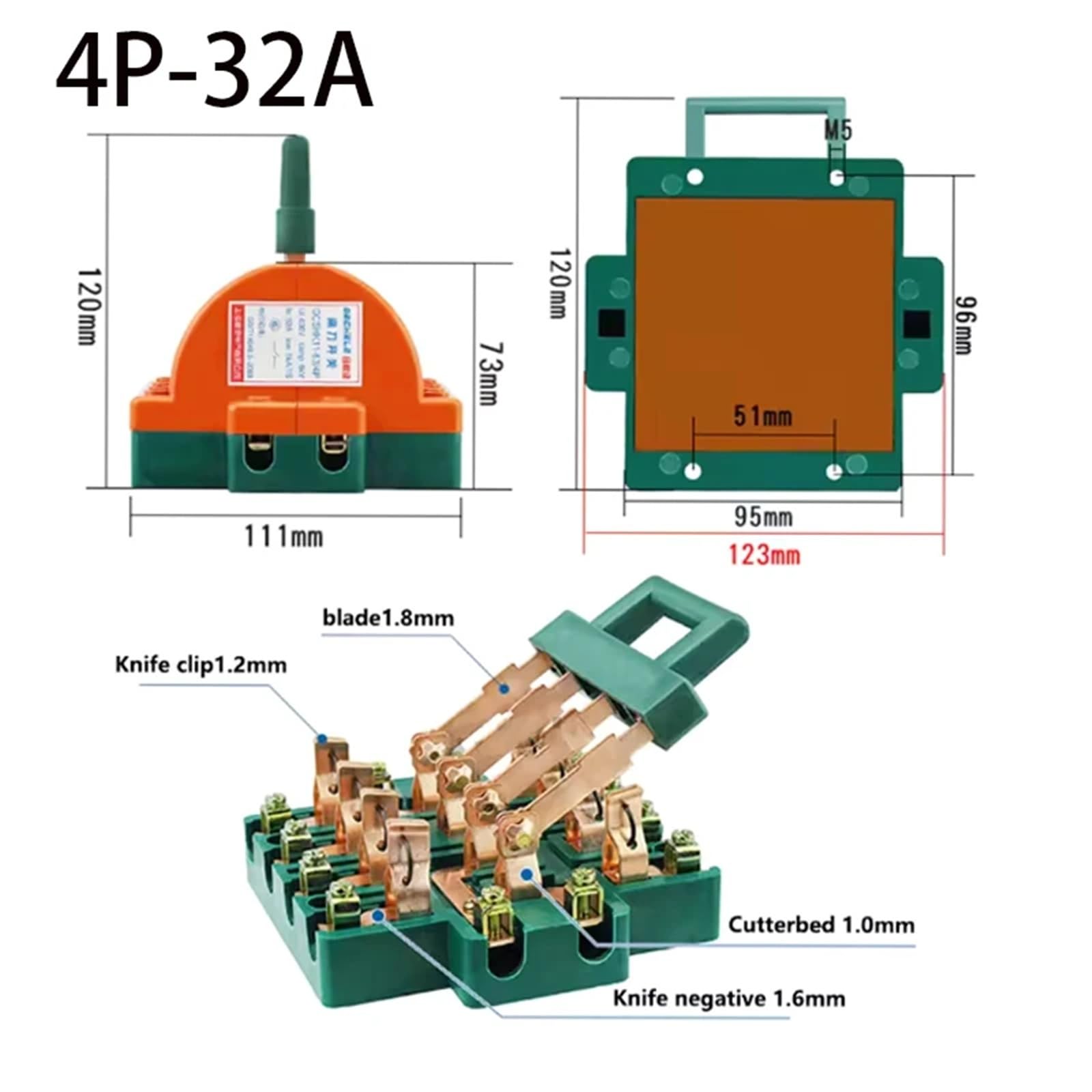 Interruptor seccionador de cuchillo de 4 polos de grado Industrial 32A 63A 100A 160A 225A doble tiro 220V 2 fases 1 Uds(4P 32A)
