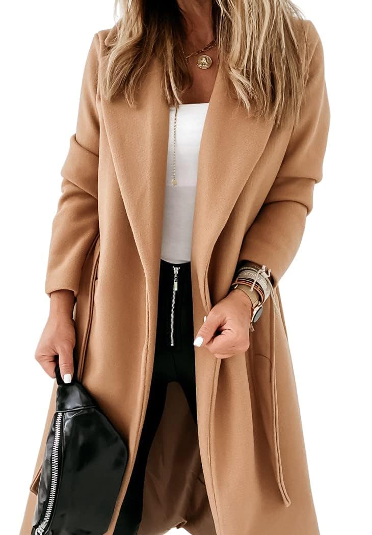 Cicy Bell Giacca lunga da donna classica con colletto con risvolto dentellato aperto sul davanti e cintura