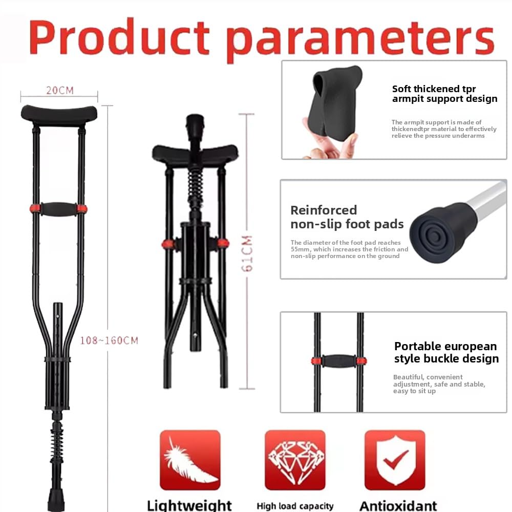 Muletas Axilares 1 Par (2 Piezas) – Altura Ajustable 108-160cm 20 Niveles Regulables，con Amortiguación y Plegable, Aluminio y Almohadillas de Goma Soportan 150kg, para Mayores o Post-Cirugía (Negro)