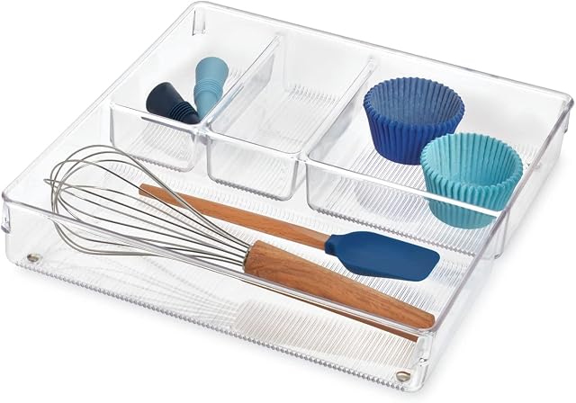 iDesign 56530 Cutlery Tray for Drawer, Large Plastic Kitchen Drawer Insert with 4 Compartments, Practical Drawer Organiser for Kitchen Accessories, Utensils and Cutlery, Clear
