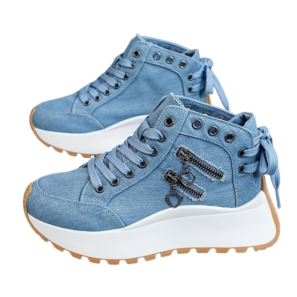 Women's Casual High-Top Sneakers - Round Toe Lace-Up Shoes with Side Zipper, Breathable Fabric Upper for All-Day Comfort Wear