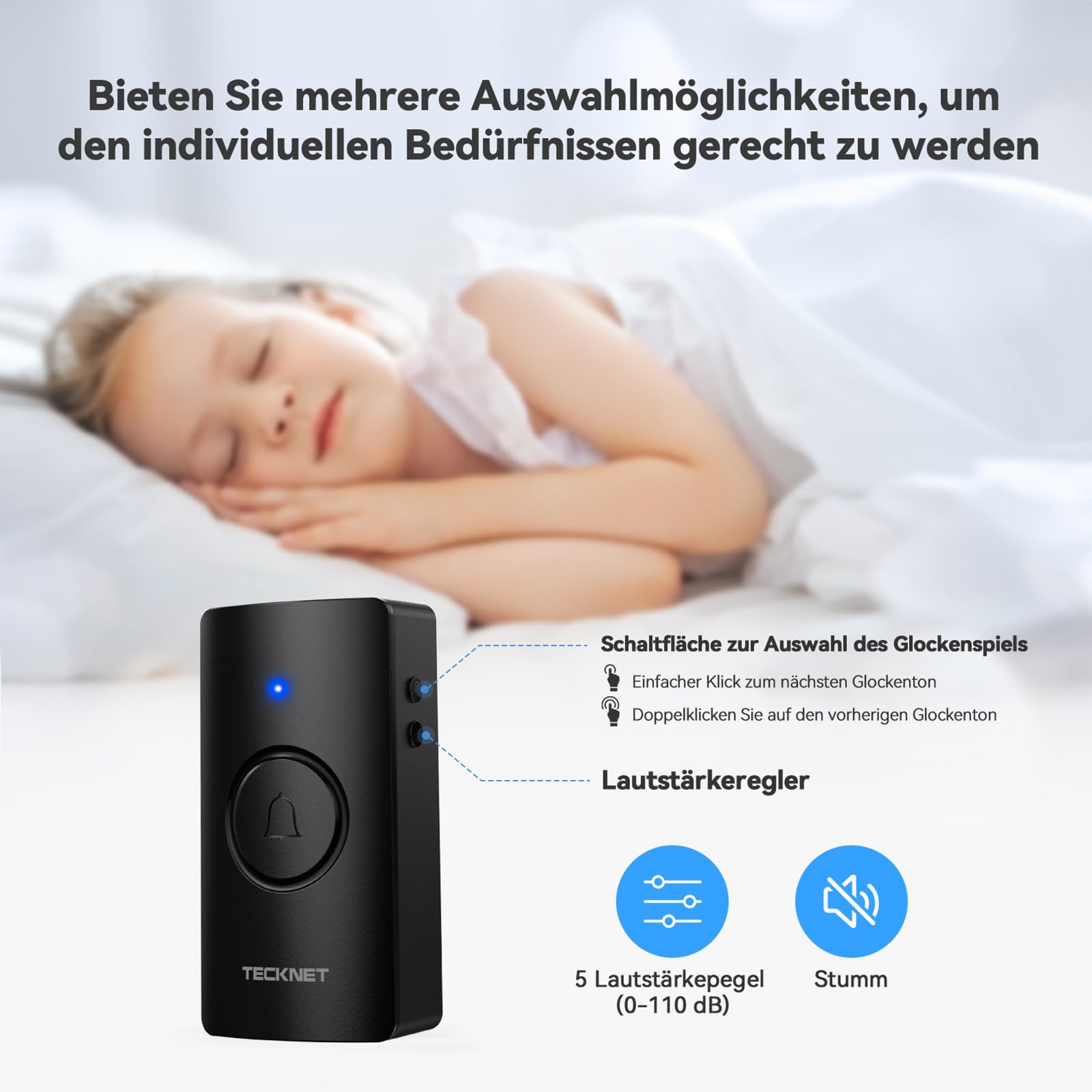 TECKNET Funkklingel, Funkklingel Batteriebetrieben mit 3 Empfänger 1 Sender, 400m Reichweite IP67 Funkklingel aussen wasserdicht, Kabellose Türklingel, Haustür Klingel mit 5 Lautstärken 60 Melodien