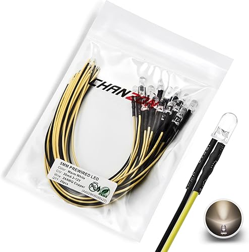 Chanzon 20 luces LED de diodo de color blanco cálido precableadas de 0.197in (lente transparente redonda transparente DC 12V) con resistencia de 560