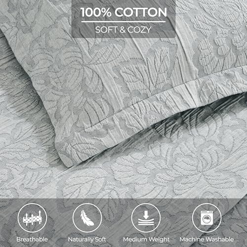 Superior 3 Piece Cotton Bedspread Set, Home Bed Decor, Decorative Bed Spread, 2 Pillow Shams, Medium Weight Blanket, Matelasse Coverlet, Bedding Essentials, Hibiscus Collection, Queen, Grey