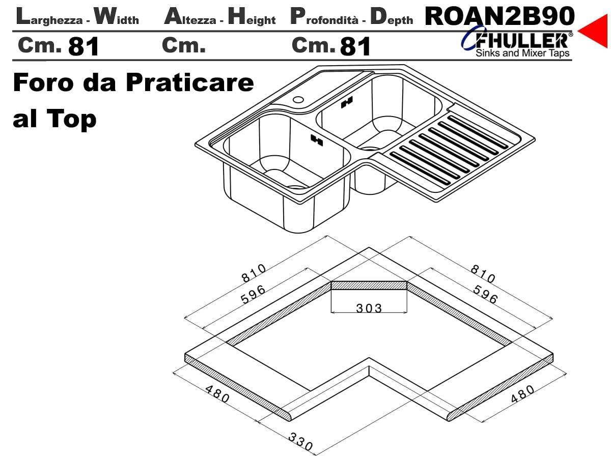 Lavello da Cucina Angolare, 83x83 cm, 2 Vasche con Gocciolatoio Destro, Acciaio Inox