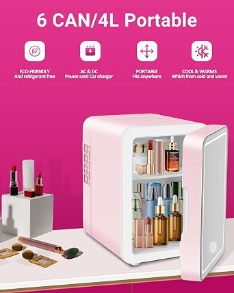 Skincare Fridge with Dimmable LED Light Mirror, 4L/6Can Cooler Warmer Mini Fridge for Skin care Cosmetic Makeup Beauty, Portable Mini Skincare Fridge for Bedroom Dorm Office Rv and Car