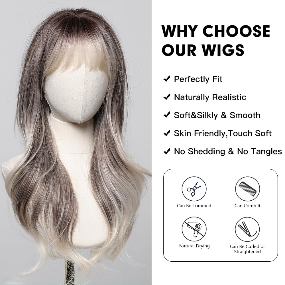 Testar Long Wavy Silver Grey Wig With Bangs - Heat Resistant Synthetic Fiber Wig for Daily Party Cosplay - 26IN (Brown Grey Ombre) - Image 4