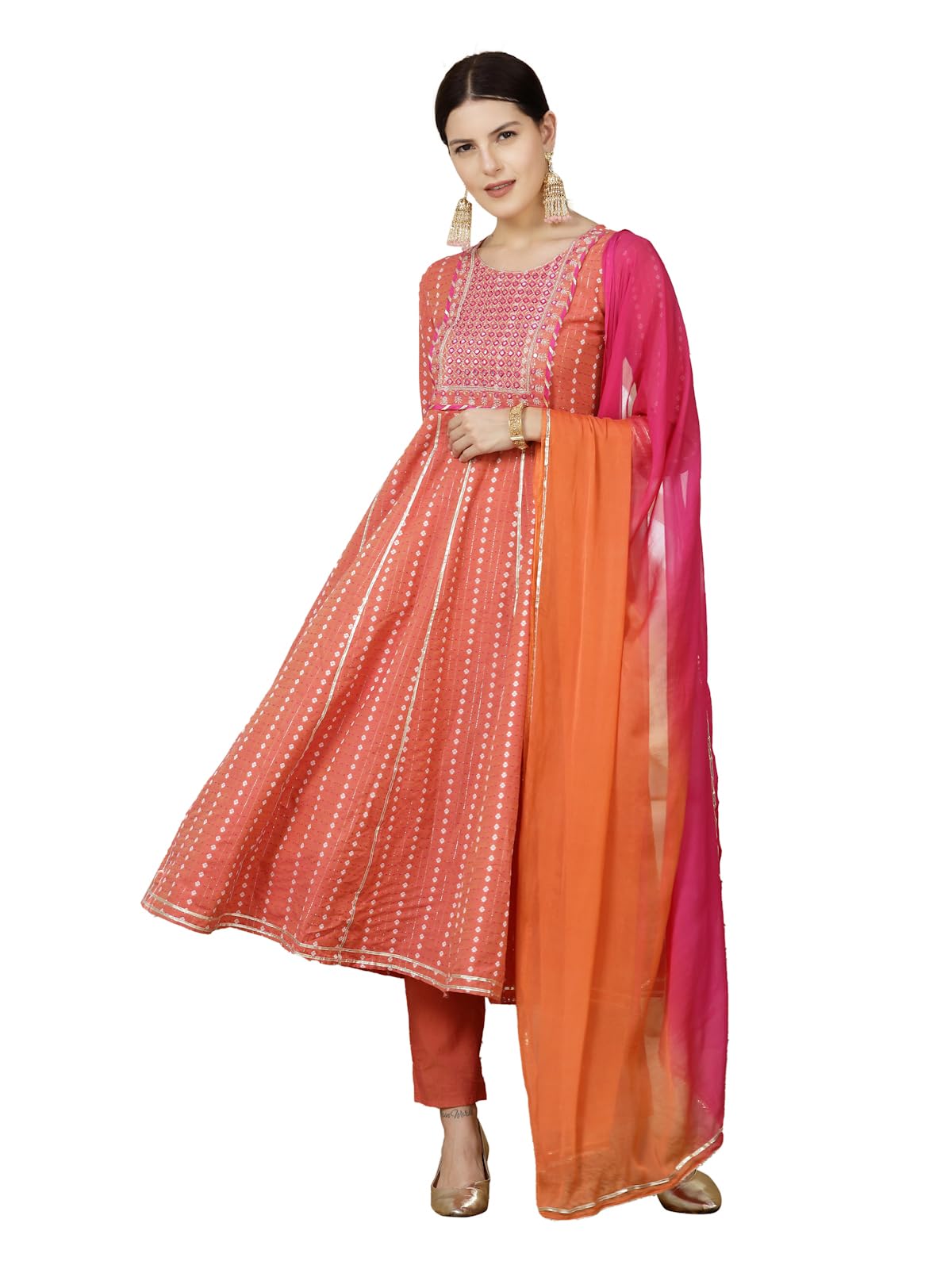 Stylum Women's Woven Designed & Embroidered Cotton Blend Anarkali Kurta Pant Dupatta Set (Kpdcoralvisa44_Coral, Xxl)