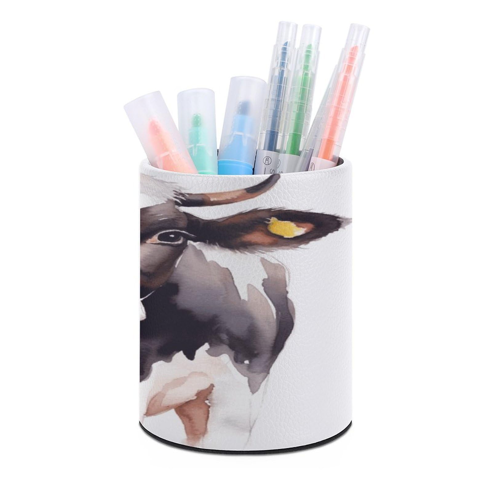 FekiLoot Watercolor Cow And Daisy Flower Pen Holder Cup Fashion PU Leather Pencil Cup Minimalist Pen Organizer Round Pencil Holder Stand Work Locker Accessories for Decoration Desk Office Home